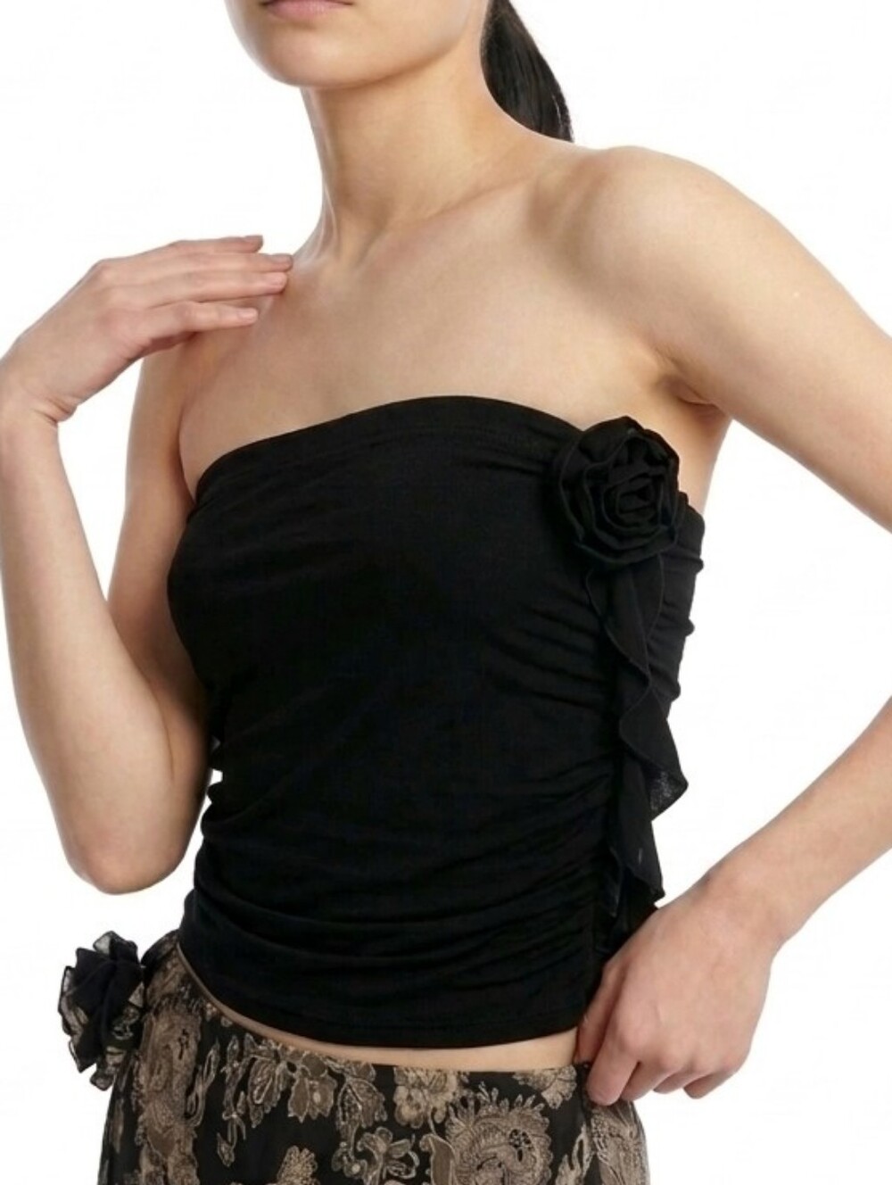 Black strapless tube top with florette